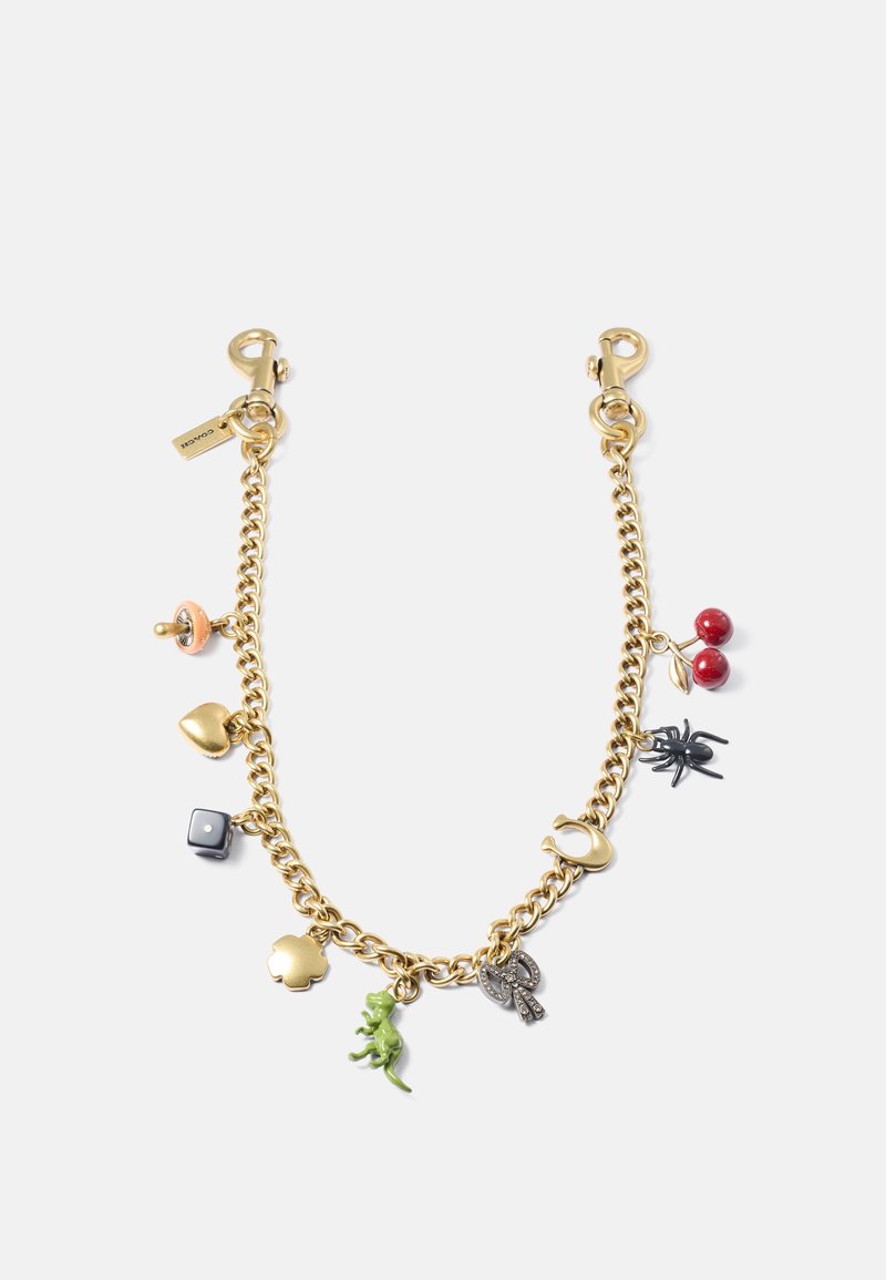 Bracciale in metallo dorato con charm di vari colori: ciliegie rosse, dinosauro verde, ragno nero, cuore dorato e altro ancora.