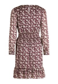 Langärmliges Kleid aus burgunderfarbenem Stoff mit einem blumigen Muster in Creme. Gefältelter Taillenausschnitt und rüschenbesäumter Saum mit geknöpften Manschetten.
