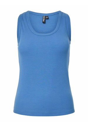 Mėlynas raukšlėtas maikutė be rankovių su apvaliomis kaklo linijomis. Pagaminta iš minkštos medžiagos, su siuvimo detalėmis aplink kraštus.