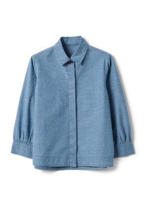 Camisa de manga larga azul claro con tapeta oculta con botones, cuello clásico y puños ligeramente fruncidos, colocada plana sobre un fondo blanco.