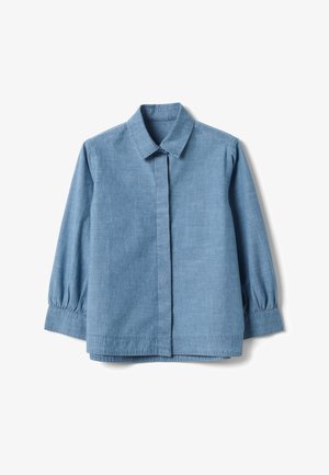 Camisa de manga larga azul claro con tapeta oculta con botones, cuello clásico y puños ligeramente fruncidos, colocada plana sobre un fondo blanco.