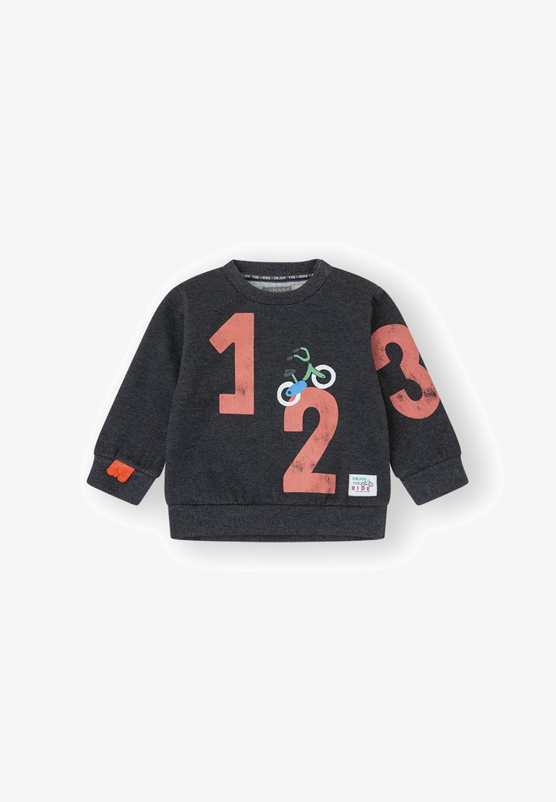 Sudadera gris oscuro con números 1, 2, 3 en neón rosa y un gráfico de bicicleta verde. Cuello y puños de canalé con detalle de acento en naranja.