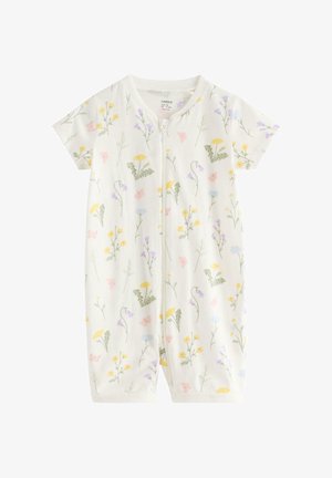 Hvid kortærmet babyheldragt med lynlås foran, dekoreret med et mønster af små gule, lilla og pink blomster samt grønne blade.