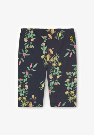 Shorts bleu marine avec une ceinture élastique, présentant un motif floral et de feuilles coloré dans des tons verts, jaunes, orange et roses.