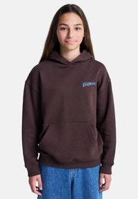 Brązowa bluza z kapturem z dużą kieszenią z przodu i luźnym krojem. Posiada jasnoniebieskie logo "ELEMENT" na klatce piersiowej oraz ściągacze na rękawach.