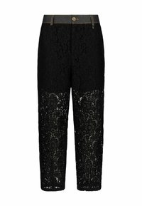 Pantalon en dentelle noire avec motifs floraux, doté d'une ceinture unie avec fermeture à bouton et zip.
