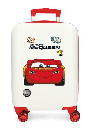 Maleta infantil blanca y roja con el personaje Rayo McQueen, número de carrera 95 y calcomanías coloridas en el frente.