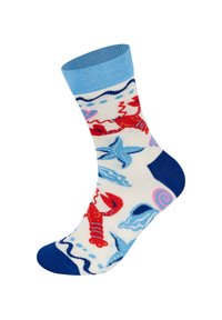 Ponožky s motivem humra na smetanovém podkladu, s modrými akcenty na vrchu a na špičce, s různými mořskými grafikami v červené a modré barvě.