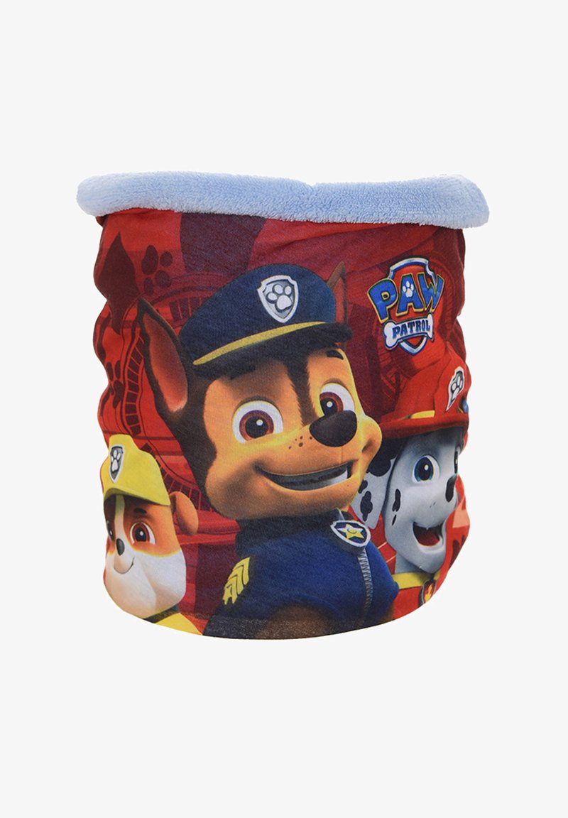Scaldacollo di tessuto rosso con i personaggi di "Paw Patrol". Fodera in morbido fleece azzurro con vivaci design stampati di tre cani.