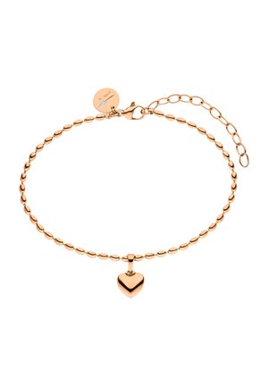 Armband aus roségoldenen Perlen mit einem glatten herzförmigen Anhänger und einem kleinen runden Anhänger in der Nähe des Karabinerverschlusses mit verstellbarer Gliederkette.
