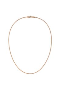 Collana in metallo dorato con catena caratterizzata da un design liscio e flessibile, un gancio circolare e una texture uniforme in tutto il suo sviluppo.