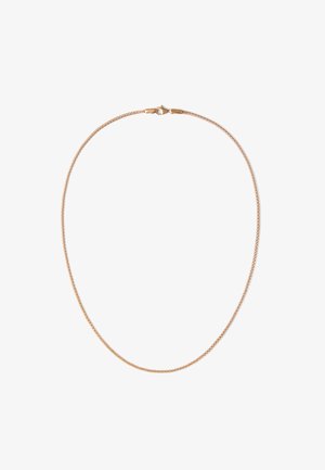 Colier din metal cu finisaj auriu, având un design neted și flexibil, un închizător circular și o textură uniformă pe toată lungimea sa.