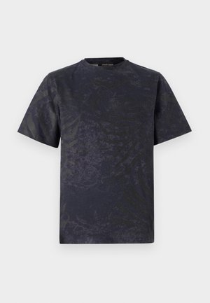 Dark navy cotton t-shirt with short sleeves, featuring a subtle leaf pattern and textured surface, round neckline, and relaxed fit.