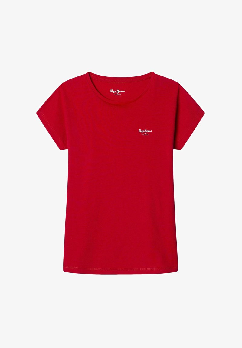 Červené bavlněné tričko s kulatým výstřihem a krátkým rukávem. Na levé straně hrudi se nachází malé bílé logo.