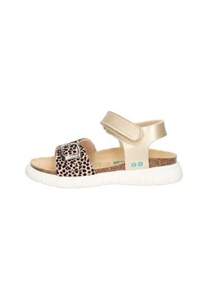 Children's sandals featuring a tan and leopard print strap, lightweight white sole, and adjustable ankle strap for secure fit.
