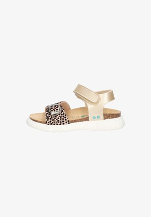 Kindersandalen met een tan en leopardprint band, lichte witte zool en verstelbare enkelband voor een veilige pasvorm.