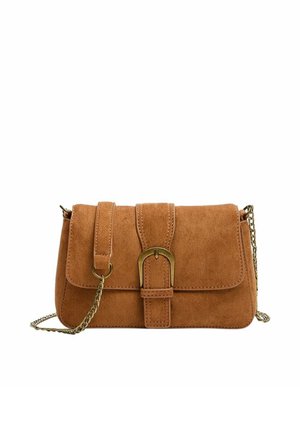 Brown suede crossbody bag with a flap closure, featuring a decorative buckle and gold chain strap. Textured surface, rectangular shape.