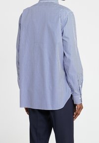 Camicetta a maniche lunghe da uomo a righe blu e bianche, con colletto a bottone e orlo arcuato. Realizzata in tessuto leggero, presenta polsini con bottone.