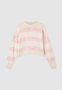 Sweter w paski o skróconym kroju w jasnoróżowym i kremowym kolorze, wykonany z miękkiego dzianiny. Posiada długie rękawy i prążkowane mankiety.