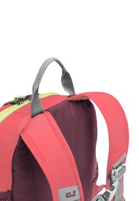 Zaino con tessuto rosa e viola, spallacci grigi e maniglia superiore. Caratterizzato da una cerniera verde e dettagli in hardware grigio.