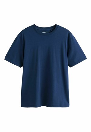 T-shirt bleu marine uni à manches courtes et col rond, sans motifs ni logos visibles, présenté sur un fond blanc.