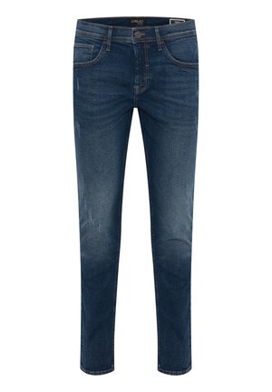 Mørkeblå denimjeans med slim fit, som har subtile slitasjer, klassisk fem-lommers design og standard glidelås med knappelukking.