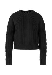 Schwarzer Pullover mit gemischten Texturen; gerippter Strickkörper und glatte Ärmel. Verfügt über einen Rundhalsausschnitt und eine kurze Länge, mit tonalem Detail.