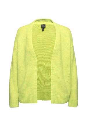 Jasně žlutozelený pletený cardigan s otevřeným předním dílem, žebrovanými manžetami a texturovaným vzorem. Bez zapínání, lehká látka.
