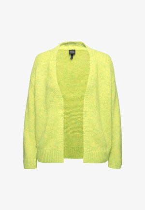 Lys gulgrøn strikket cardigan med åben front, ribbede manchetter og en tekstureret vævning. Uden lukninger, letvægtsstof.