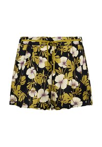 Shorts fleuris avec une base noire ornée de grandes fleurs blanches et jaunes, de feuillages verts, et dotés d'une taille à cordon de serrage avec un bandeau élastique.