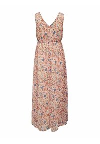 Robe maxi florale avec un décolleté en V et sans manches. Le tissu présente de petites fleurs roses, bleues et orange sur un fond clair. Taille élastique.