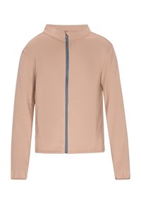 Lichtroze zip-up jack met een staande kraag, grijze rits, lange mouwen, zijzakken en een gladde, matte textuur.