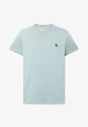 Lichtblauw katoen T-shirt met korte mouwen, ronde hals en een klein donker logo op de borst. Soepele textuur, casual pasvorm.
