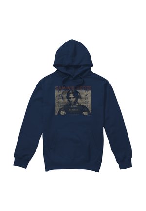 Navy hoodie with a mugshot graphic of Sam Winchester holding a police sign, height chart background, and his name above.