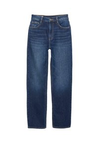 Tmavomodré džínsy z denimu so strihom rovného nohu, piatimi vreckami a jemným opotrebením. Obsahuje kontrastné švy a štandardné uzatváranie na gombík a zips.