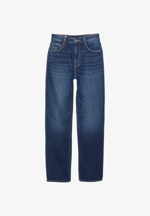Jeans din denim albastru închis cu tăietură dreaptă, cinci buzunare și estompare subtilă. Prezintă cusături în contrast și un închidere standard cu nasture și fermoar.