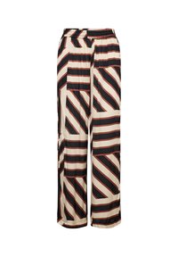 Black and cream wide-leg pants with alternating diagonal stripes in varying widths. Features an elastic waistband and lightweight fabric.