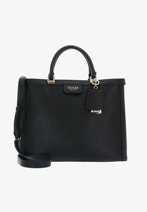 Borsa nera texturizzata con manici doppi, tracolla rimovibile, dettagli in oro e un piccolo charm attaccato. Logo del brand visibile sul fronte.