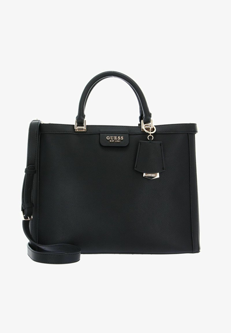 Borsa nera texturizzata con manici doppi, tracolla rimovibile, dettagli in oro e un piccolo charm attaccato. Logo del brand visibile sul fronte.