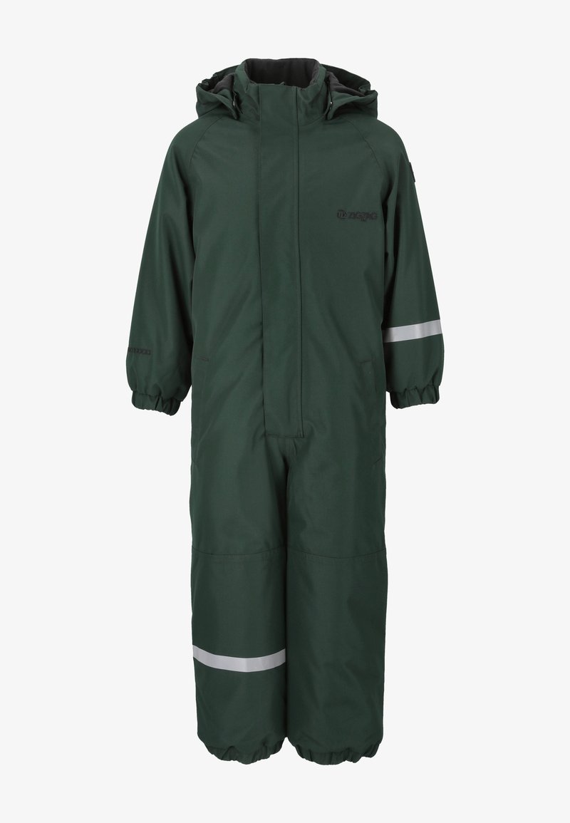 Groene waterdichte overall met een capuchon, elastische manchetten, reflecterende strepen en een gladde textuur. Beschikt over een ritsluiting en een losse fit.