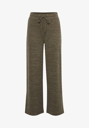 Pantalons à jambe large en olive, fabriqués à partir d'un tissu tricoté texturé. Dotés d'une taille à cordon de serrage et d'une coupe décontractée pour plus de confort.