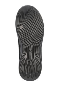 Schwarze Schuhsohle mit einem strukturierten Wellenmuster. Sie verfügt über einen zentralen Stift und ein geripptes Design für verbesserten Halt.