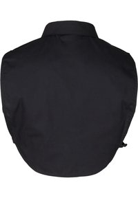 Camicia nera con colletto, caratterizzata da un tessuto liscio e uniforme, con orlo arcuato e design semplice, mostrata solo dalla vista posteriore.