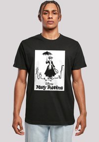 Černé tričko s vintage grafikou Mary Poppins v černé a bílé barvě, zobrazující ženu s deštníkem a kufrem. Klasický design.