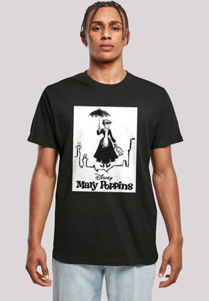 Černé tričko s vintage grafikou Mary Poppins v černé a bílé barvě, zobrazující ženu s deštníkem a kufrem. Klasický design.