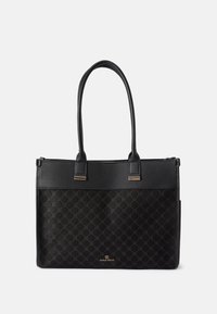 Black tote bag with a textured patterned lower half, smooth upper half, dual handles, and gold-tone hardware accents. Features logo on front.
