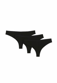 Ensemble de trois slips thong en coton noir. Présente une texture lisse, un design minimaliste et aucune motif ou accent matériel visible.