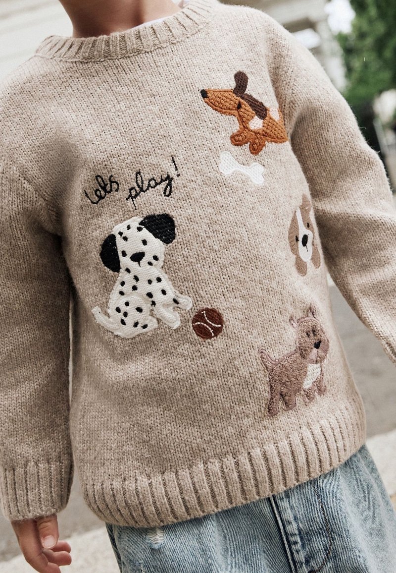Pull en maille beige avec des chiens joueurs brodés, un os et une balle, porté par un enfant à l'extérieur.