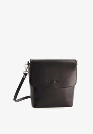 Black crossbody bag made of smooth leather. Features a flap closure with embossed "VENEZIA" logo and an adjustable strap. Compact rectangular shape.