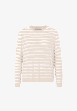 Lys beige sweater med lange ærmer, der har vandrette hvide striber og en rund halsudskæring. Blød tekstur, afslappet design, ingen synlig hardware.